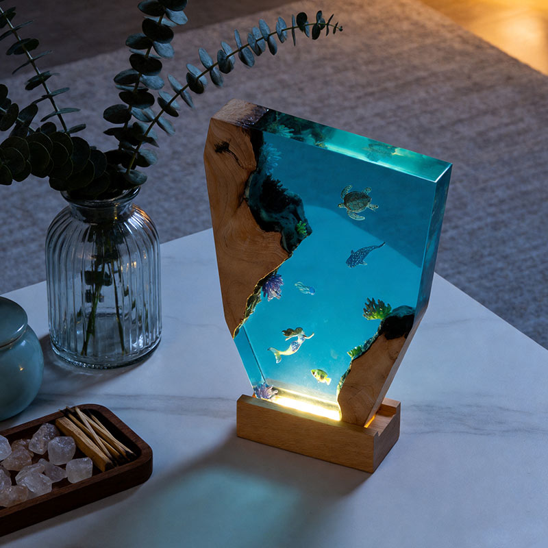 Mermaid & Whale Shark Resin Wood Lamp Nautical Artisan-Made Decor Gift