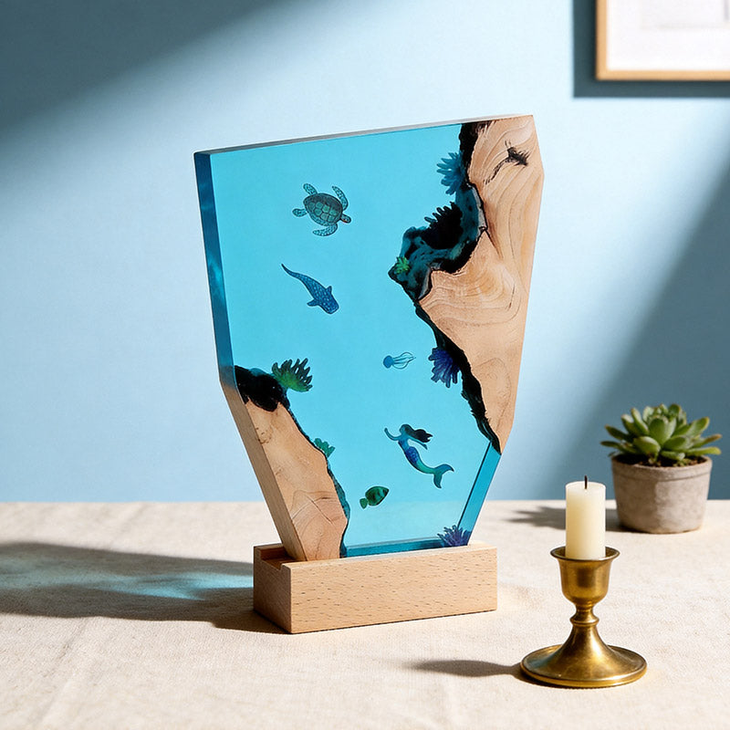 Mermaid & Whale Shark Resin Wood Lamp Nautical Artisan-Made Decor Gift