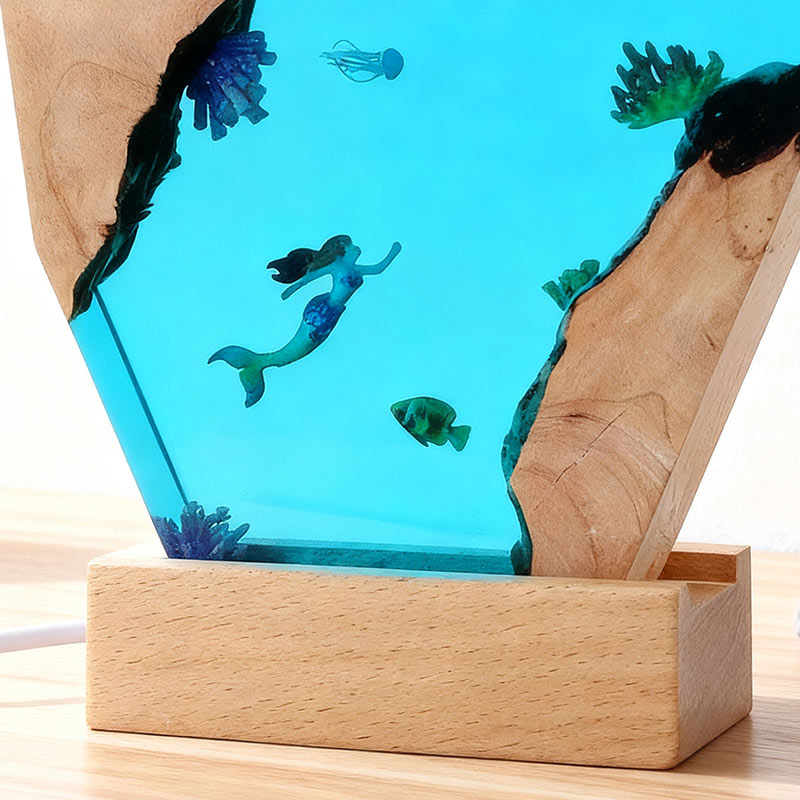 Mermaid & Whale Shark Resin Wood Lamp Nautical Artisan-Made Decor Gift