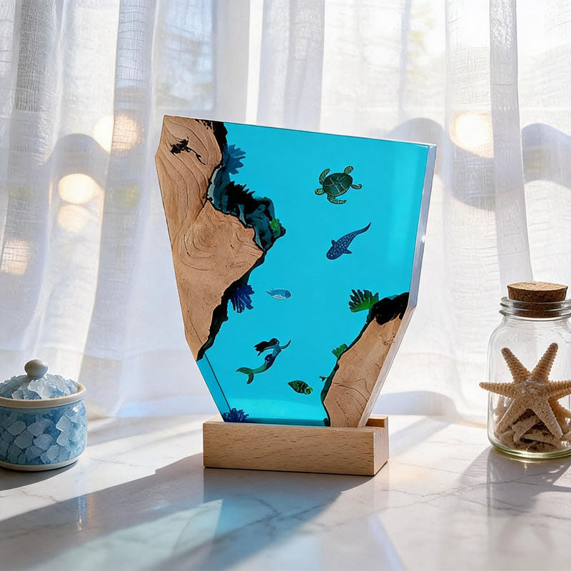 Mermaid & Whale Shark Resin Wood Lamp Nautical Artisan-Made Decor Gift