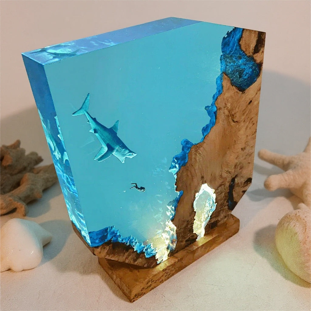 Sharks, divers, wood sculptures, epoxy resin lamp （ Best Gift 🎁 ）Promotion🔥