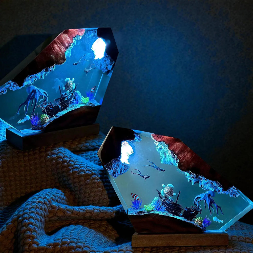 Handmade Resin Ocean Lamp Octopus Divers Diorama