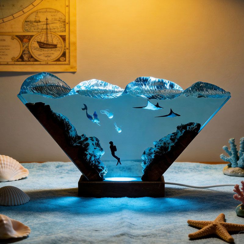 Nautical Resin Lamp with Mermaid & Diver Unique Coastal Home Decor