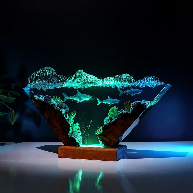 Diver & Sharks Resin Lamp Handmade Wood Night Light for Living Room