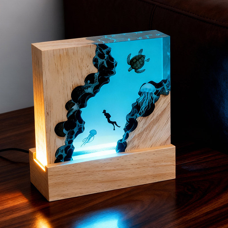 Turtle & Jellyfish Resin Night Light Handmade Cuboid Lamp for Bedroom Decor