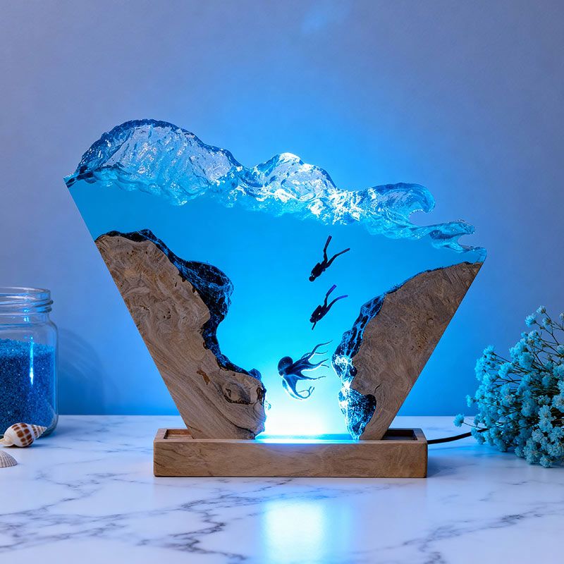 Octopus & Explorer-Themed Resin Lamp Deep-Sea Art Decor for Office