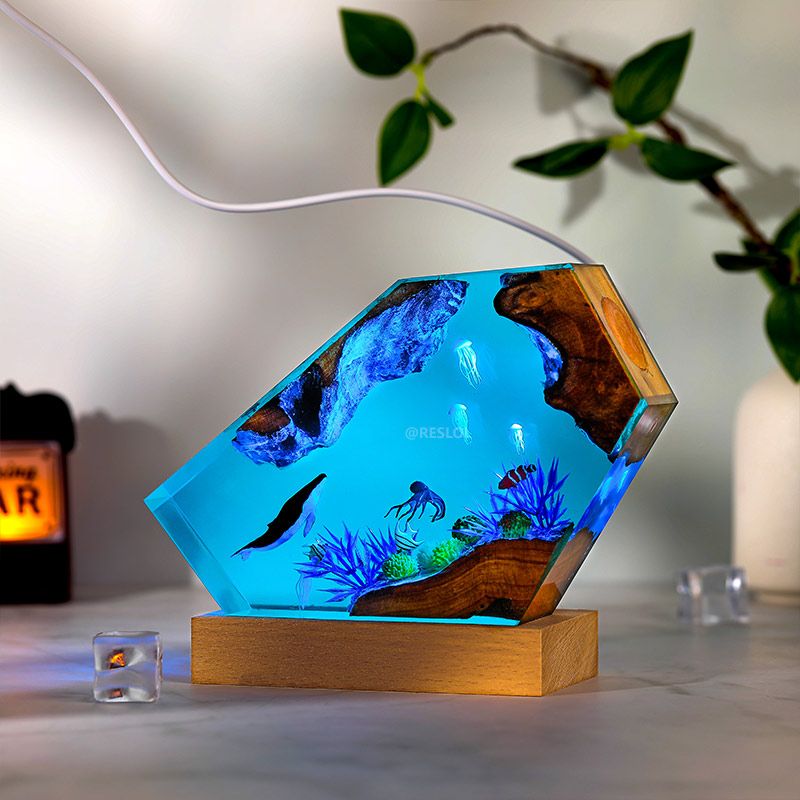Whale & Jellyfish Epoxy Resin Lamp Ocean-Themed Wood Night Light
