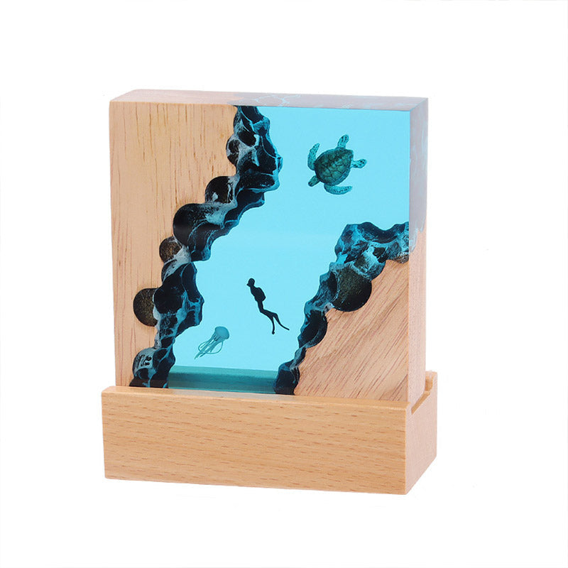 Turtle & Jellyfish Resin Night Light Handmade Cuboid Lamp for Bedroom Decor