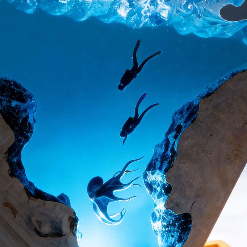 Octopus & Explorer-Themed Resin Lamp Deep-Sea Art Decor for Office