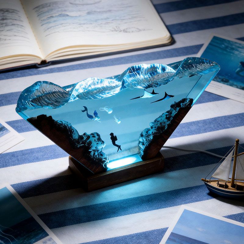 Nautical Resin Lamp with Mermaid & Diver Unique Coastal Home Decor