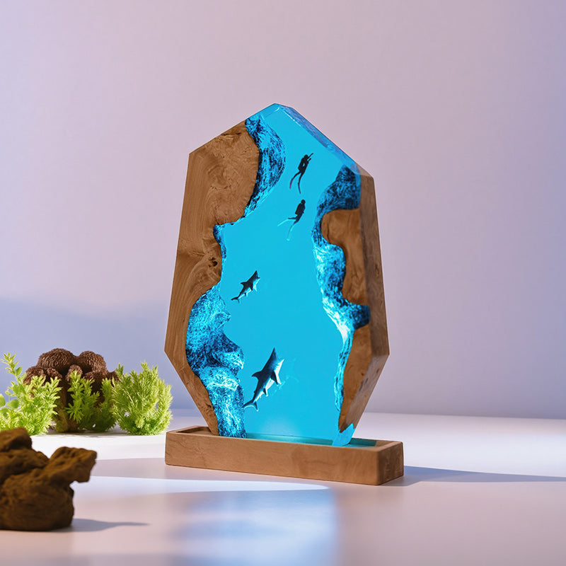 Irregular Shark & Diver Resin Lamp Unique 3D Night Light for Desk Decor