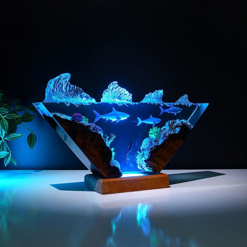 Diver & Sharks Resin Lamp Handmade Wood Night Light for Living Room