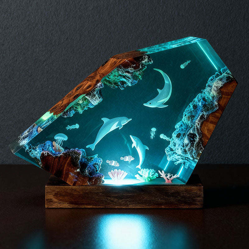 Dolphin & Jellyfish Resin Lamp Family-Themed Night Light for Ocean Lovers