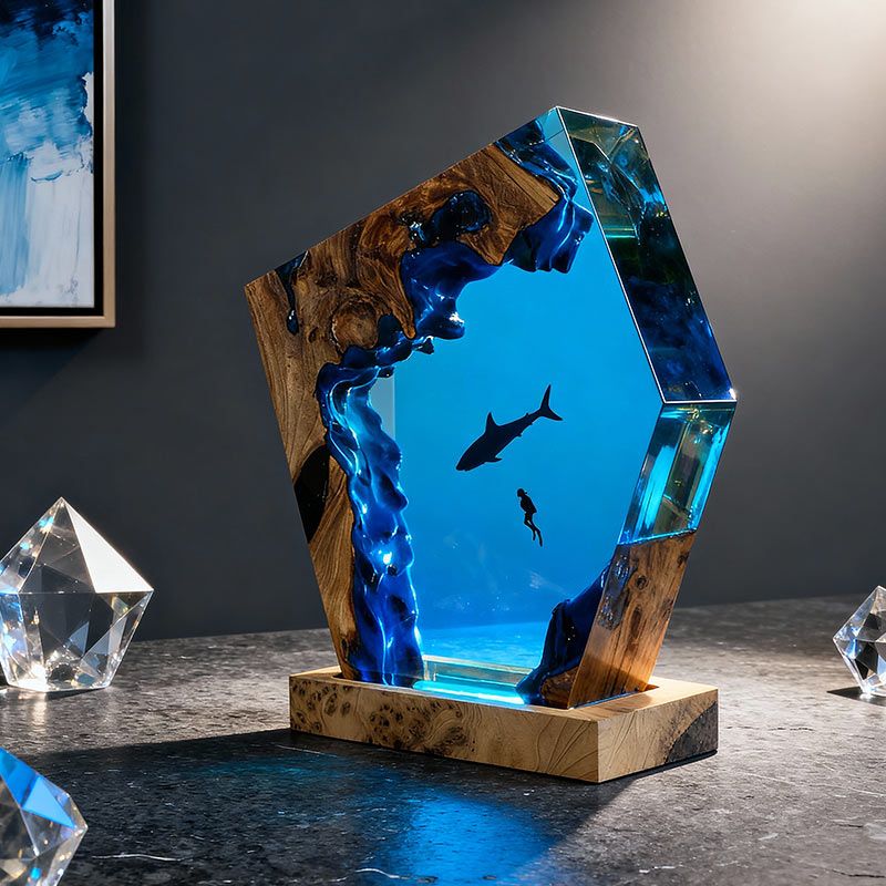 Shark & Diver Resin Lamp Ocean-Themed Handcrafted Night Light for Bedroom