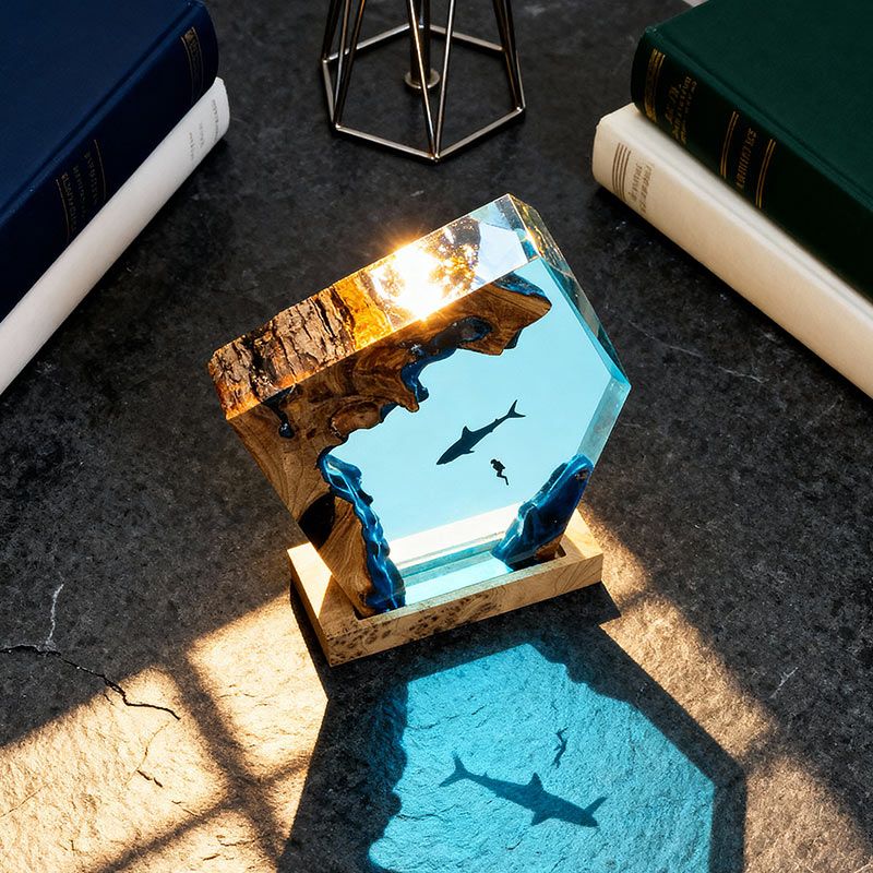 Shark & Diver Resin Lamp Ocean-Themed Handcrafted Night Light for Bedroom