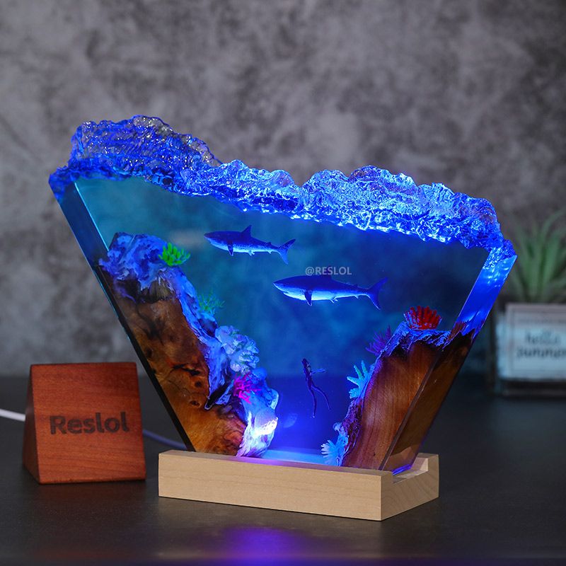 Great White Shark & Diver Resin Lamp Irregular Nautical Art Night Light