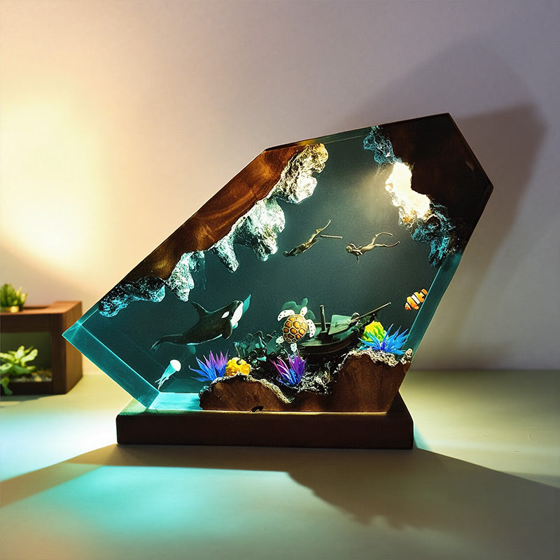 Octopus & Divers Resin Lamp Epoxy Wood Night Light for Ocean Lover
