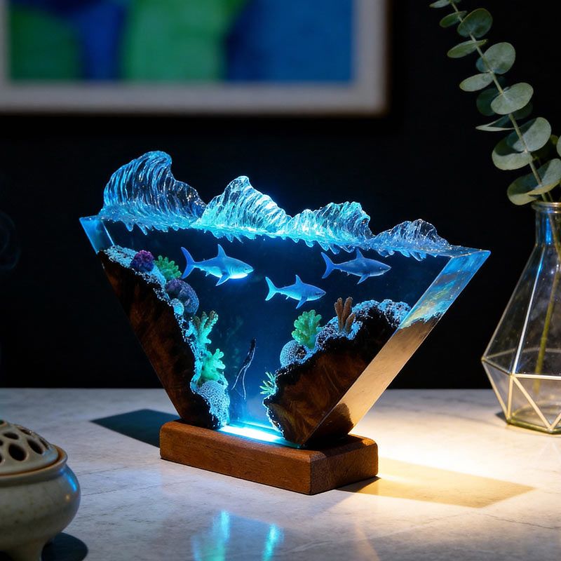 Diver & Sharks Resin Lamp Handmade Wood Night Light for Living Room