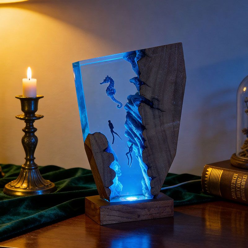 Whimsical Seahorse & Diver Ocean Resin Lamp | ORYNAVA Irregular Decor Gift
