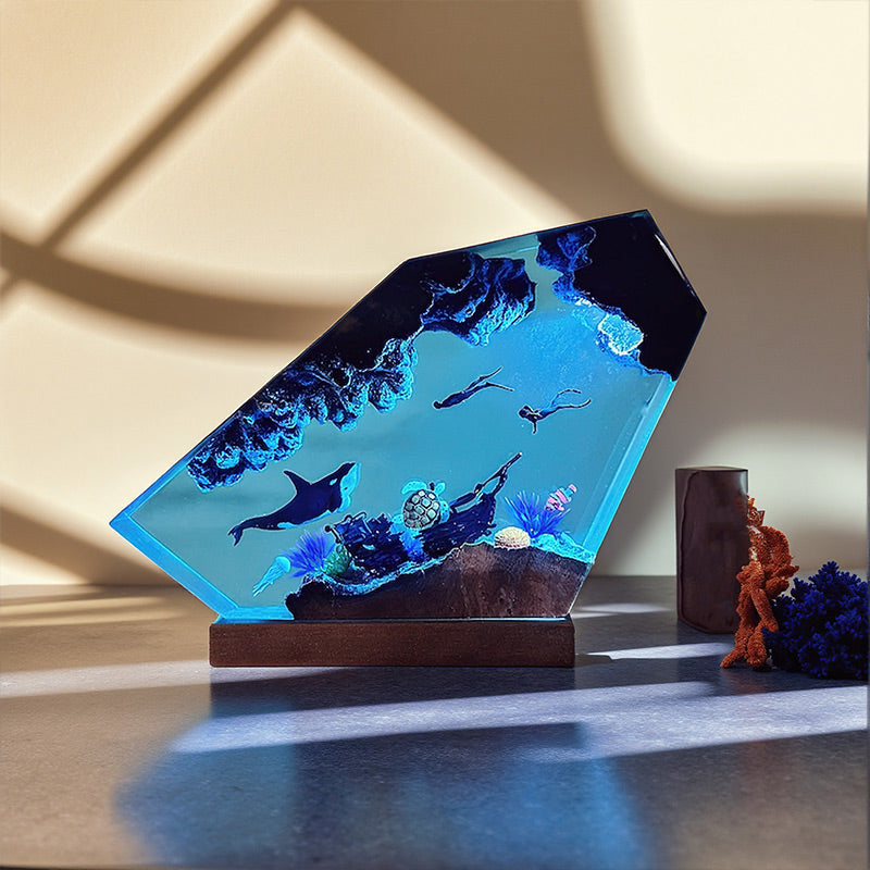 Octopus & Divers Resin Lamp Epoxy Wood Night Light for Ocean Lover