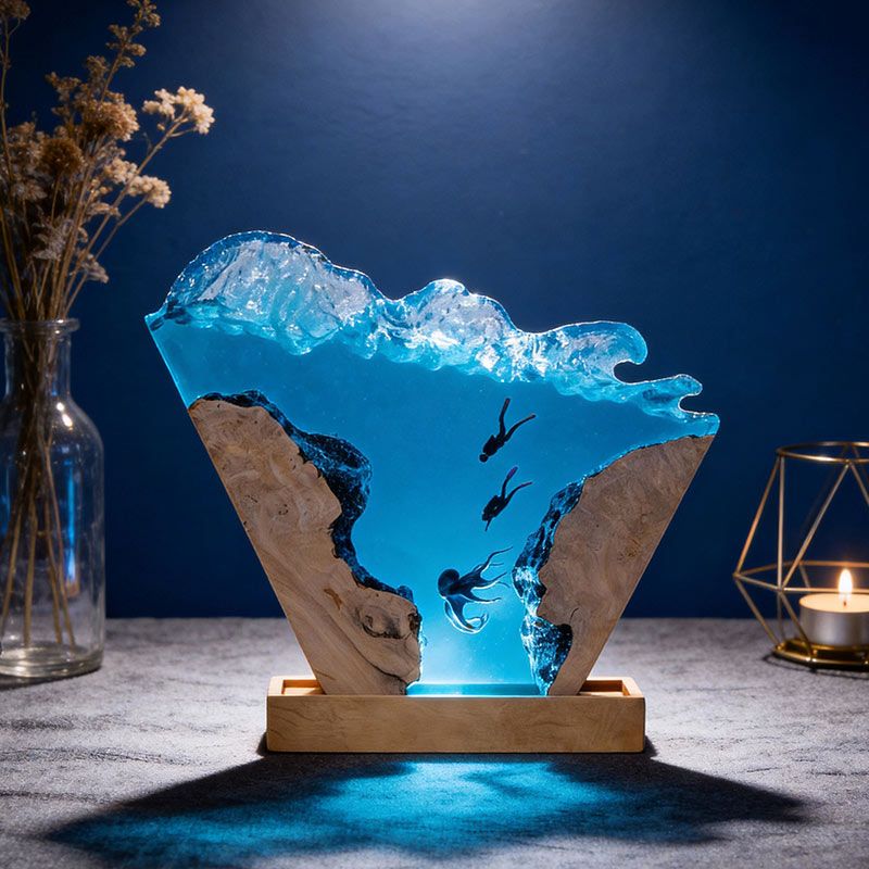 Octopus & Explorer-Themed Resin Lamp Deep-Sea Art Decor for Office