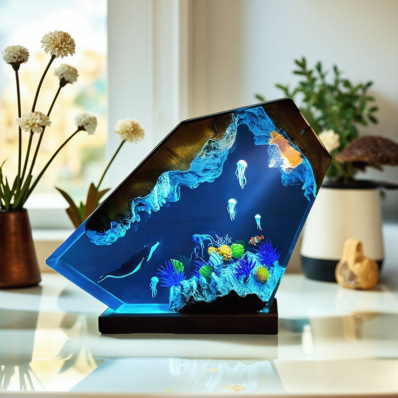 Whale & Jellyfish Epoxy Resin Lamp Ocean-Themed Wood Night Light