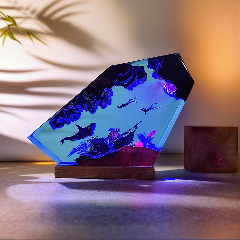 Octopus & Divers Resin Lamp Epoxy Wood Night Light for Ocean Lover