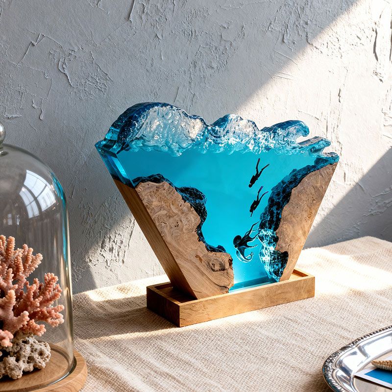 Octopus & Explorer-Themed Resin Lamp Deep-Sea Art Decor for Office