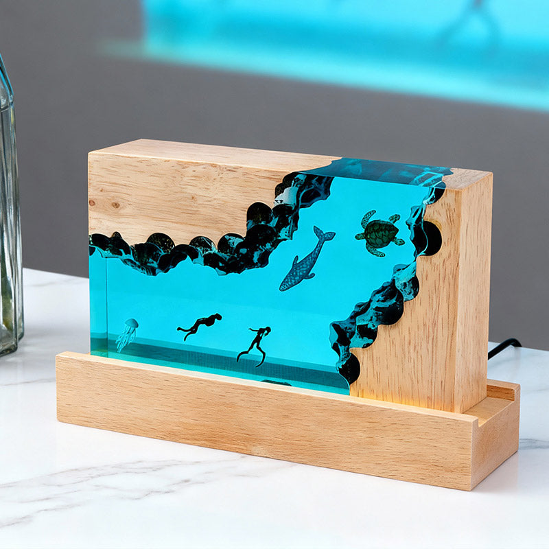 Turtle & Jellyfish Resin Night Light Handmade Cuboid Lamp for Bedroom Decor