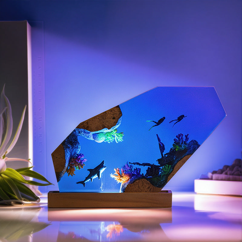 Resin Lamp with Shark & Diver Handmade Night Light for Bedroom Decor