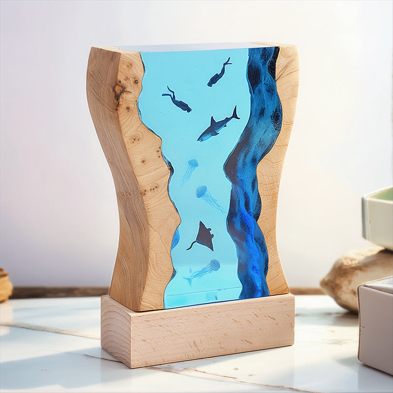 Ocean Wave Resin Wood Lamp Deep Sea Themed Night Light for Bedroom Decor