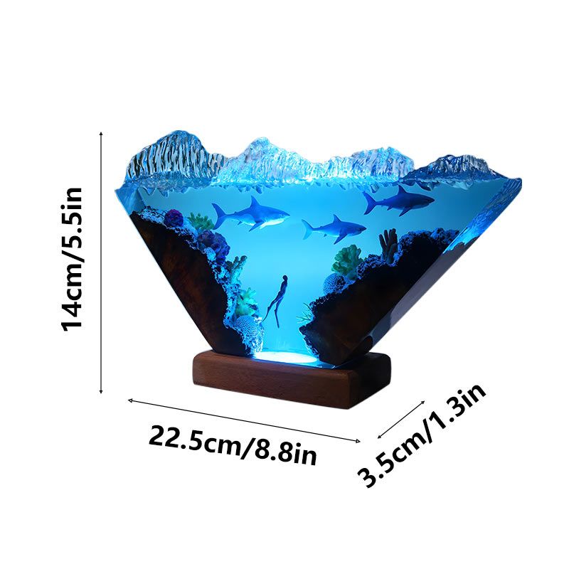 Diver & Sharks Resin Lamp Handmade Wood Night Light for Living Room
