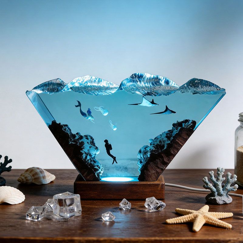 Nautical Resin Lamp with Mermaid & Diver Unique Coastal Home Decor