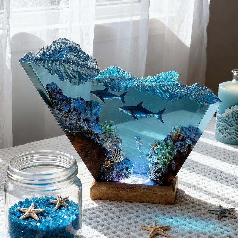 Great White Shark & Diver Resin Lamp Irregular Nautical Art Night Light