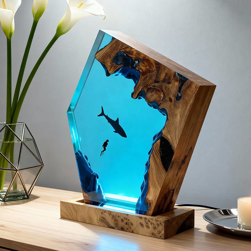 Shark & Diver Resin Lamp Ocean-Themed Handcrafted Night Light for Bedroom