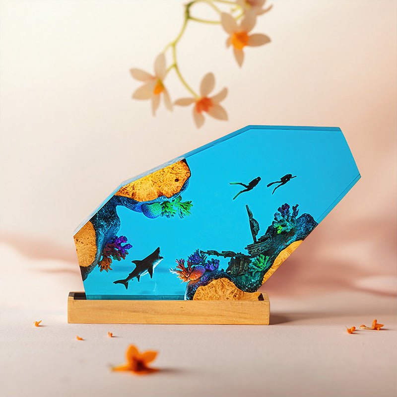 Resin Lamp with Shark & Diver Handmade Night Light for Bedroom Decor