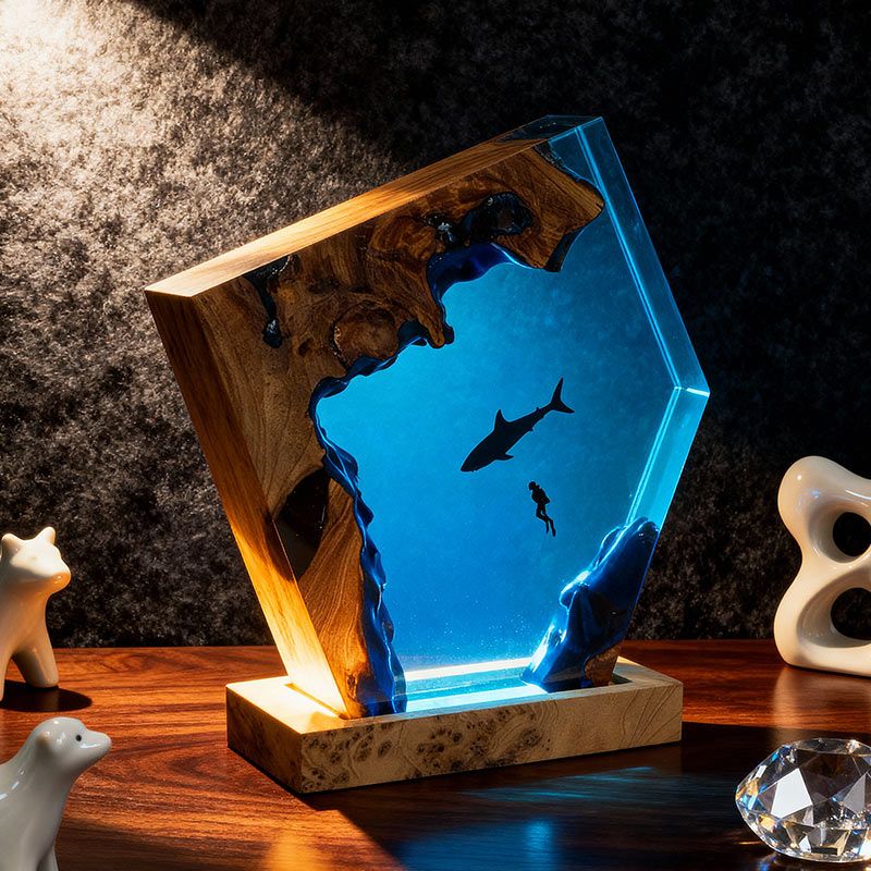 Shark & Diver Resin Lamp Ocean-Themed Handcrafted Night Light for Bedroom
