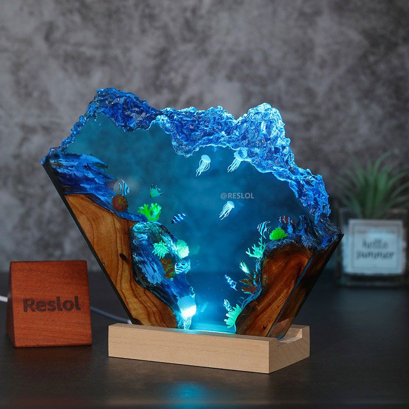 Ocean Theme Epoxy Resin Lamp Handmade Wave Glow for Living Room