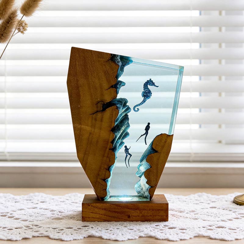 Whimsical Seahorse & Diver Ocean Resin Lamp | ORYNAVA Irregular Decor Gift