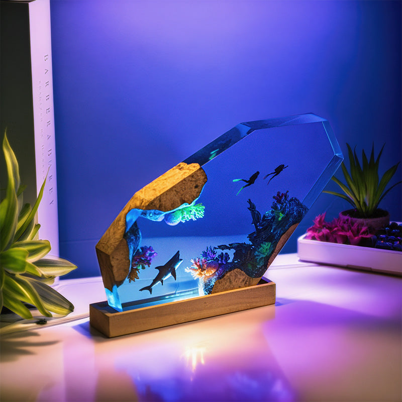 Resin Lamp with Shark & Diver Handmade Night Light for Bedroom Decor