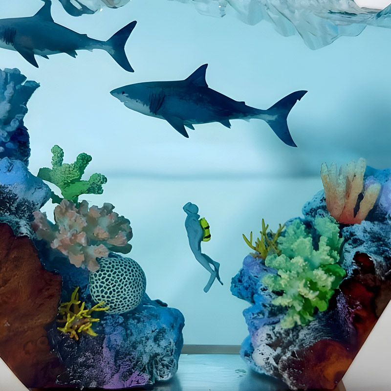 Great White Shark & Diver Resin Lamp Irregular Nautical Art Night Light