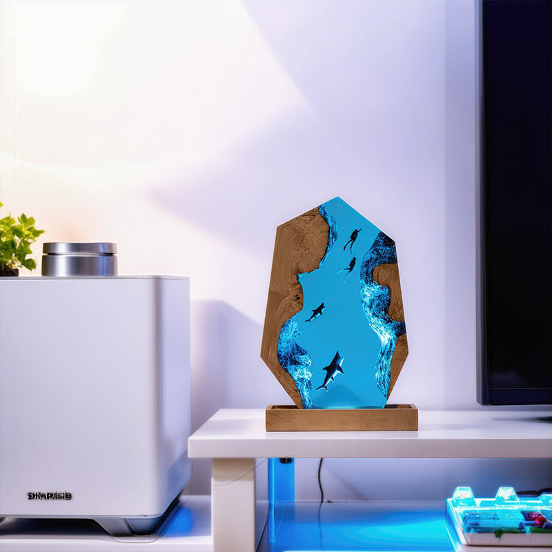 Irregular Shark & Diver Resin Lamp Unique 3D Night Light for Desk Decor