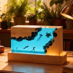 Turtle & Jellyfish Resin Night Light Handmade Cuboid Lamp for Bedroom Decor