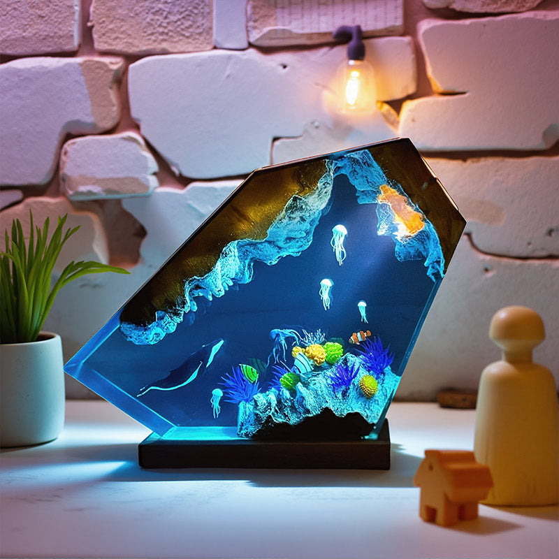 Whale & Jellyfish Epoxy Resin Lamp Ocean-Themed Wood Night Light
