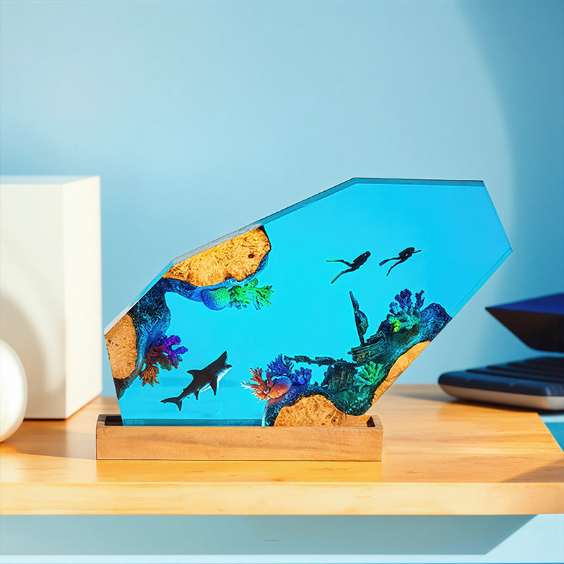 Resin Lamp with Shark & Diver Handmade Night Light for Bedroom Decor