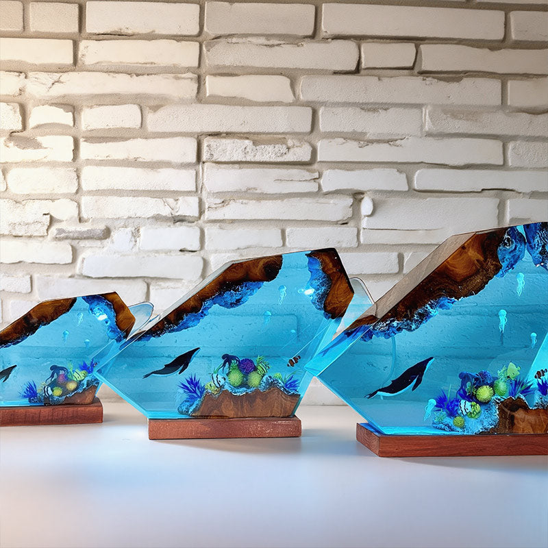 Whale & Jellyfish Epoxy Resin Lamp Ocean-Themed Wood Night Light