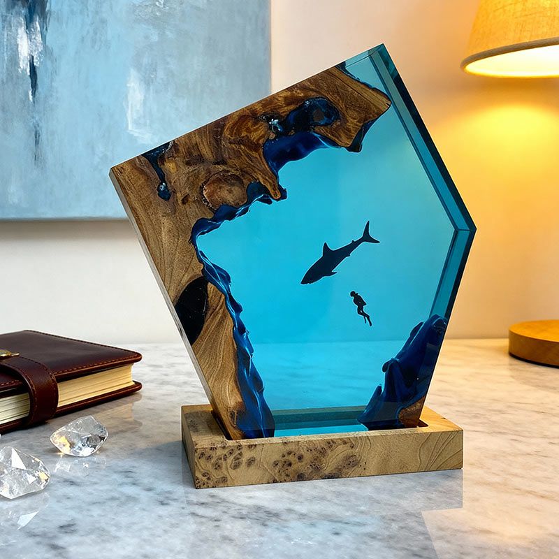 Shark & Diver Resin Lamp Ocean-Themed Handcrafted Night Light for Bedroom