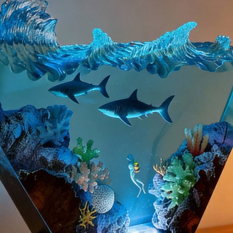 Great White Shark & Diver Resin Lamp Irregular Nautical Art Night Light