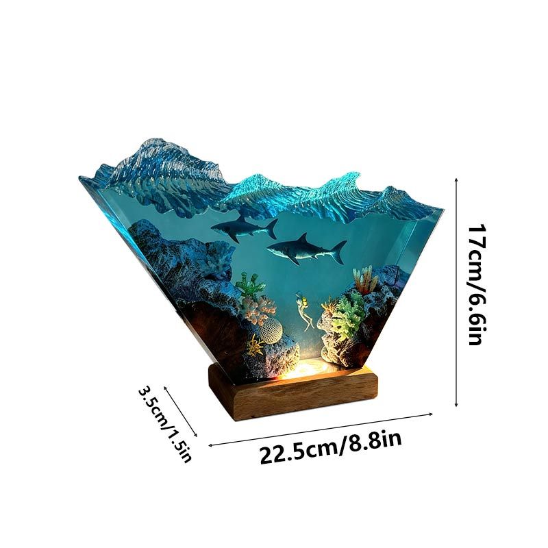 Great White Shark & Diver Resin Lamp Irregular Nautical Art Night Light