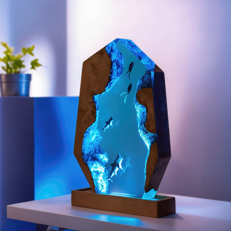 Irregular Shark & Diver Resin Lamp Unique 3D Night Light for Desk Decor